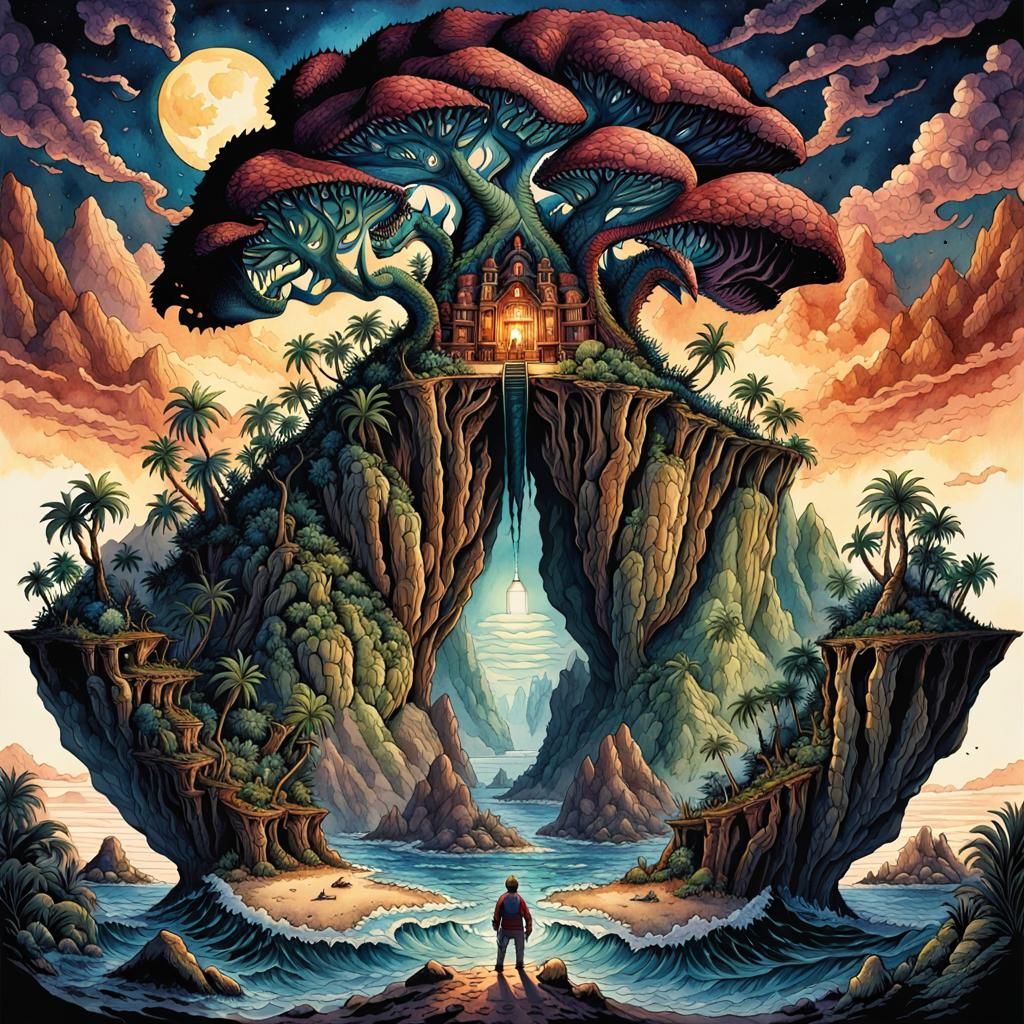 Dinosaur Island in Ink and Watercolor Style