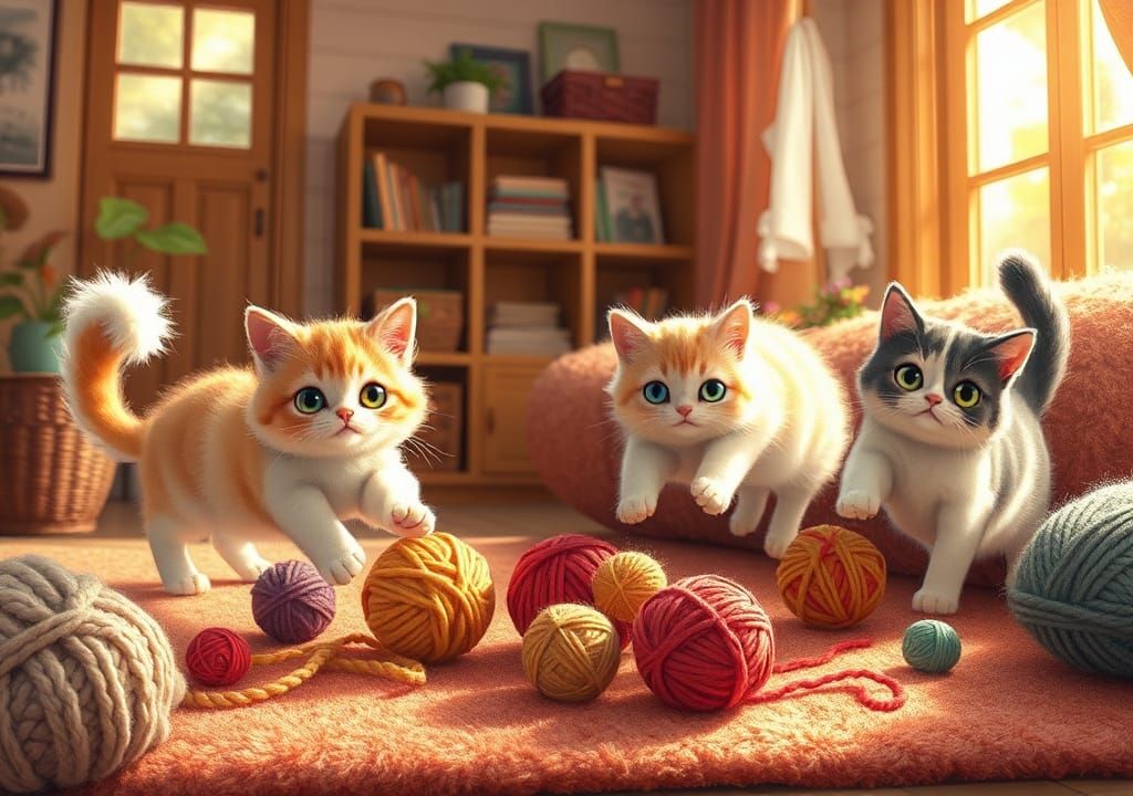 Playful Cats Frolic in Sun-Drenched Room
