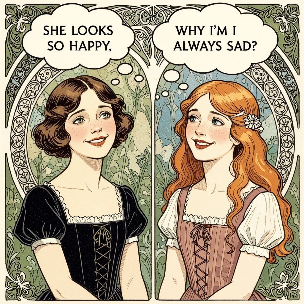 Dual Portrait of Contrasting Girls in Art Nouveau Style