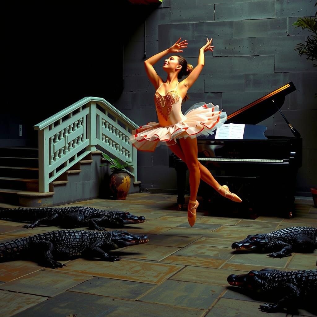 Ballerina's Hyperrealistic Dance with Crocodiles on Staircas...