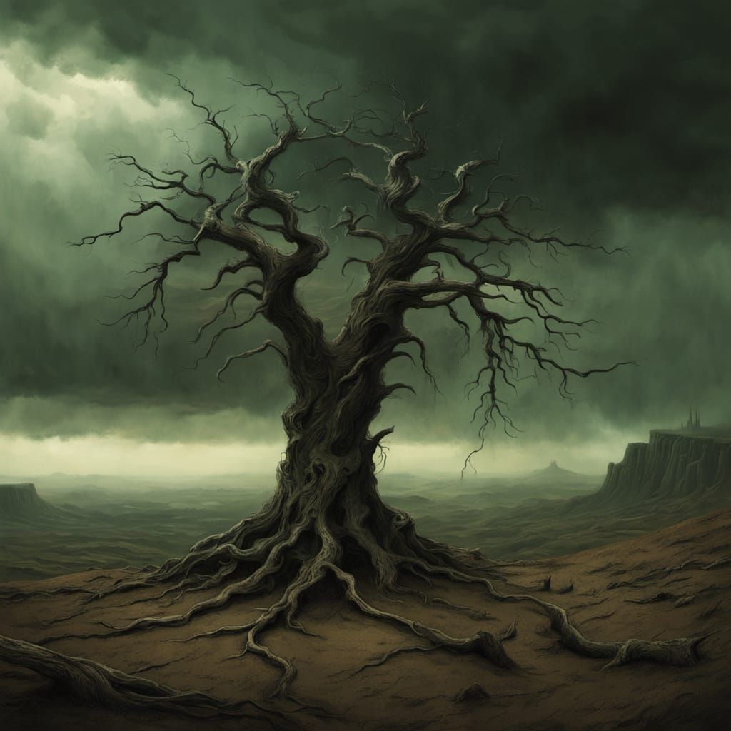 Withered Tree on Barren Hill in Stormy Sky