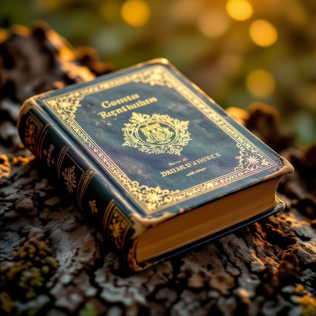 Ancient Dusty Book on Tree Bark in Golden Light