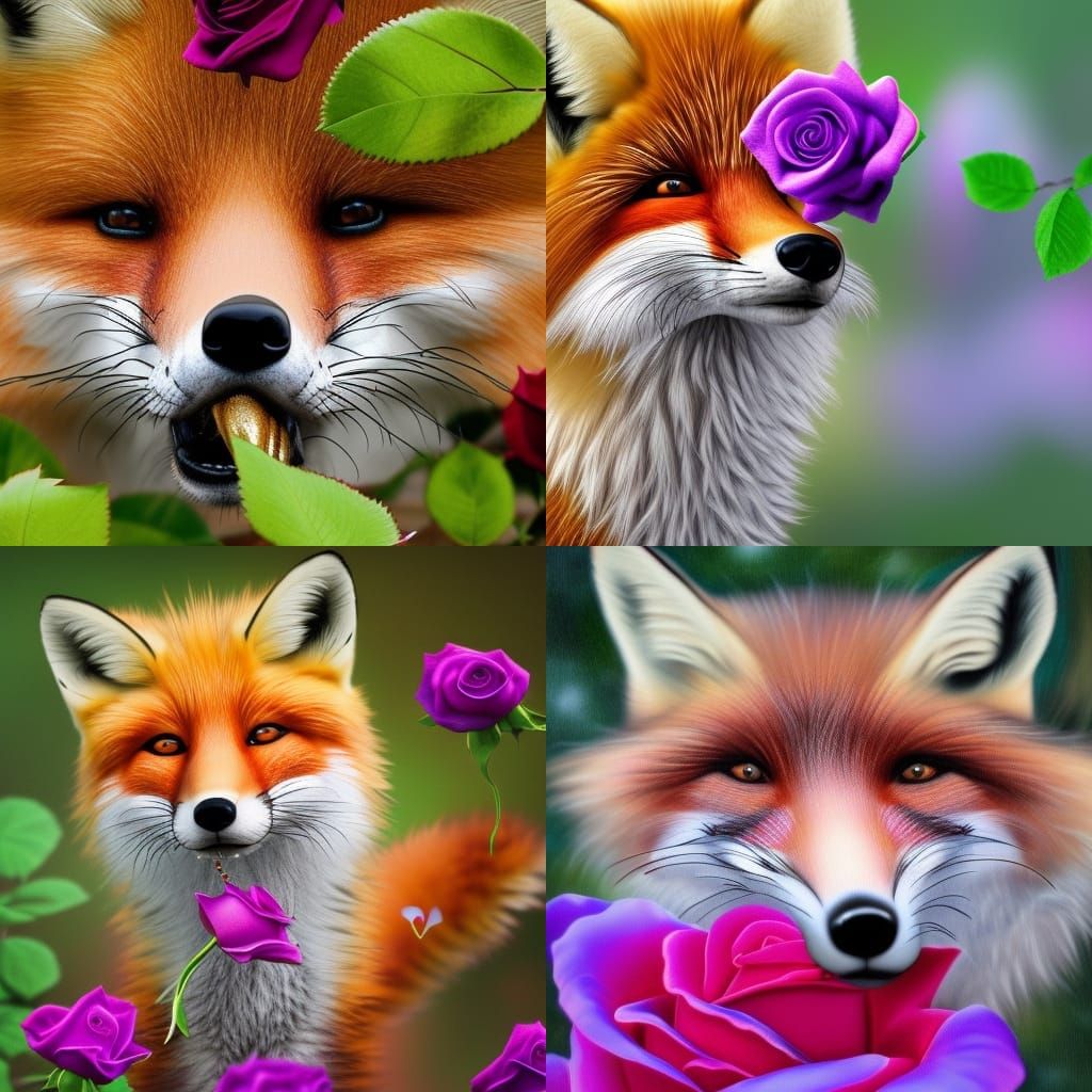 Fluffy Fox Sniffs Detailed Rose