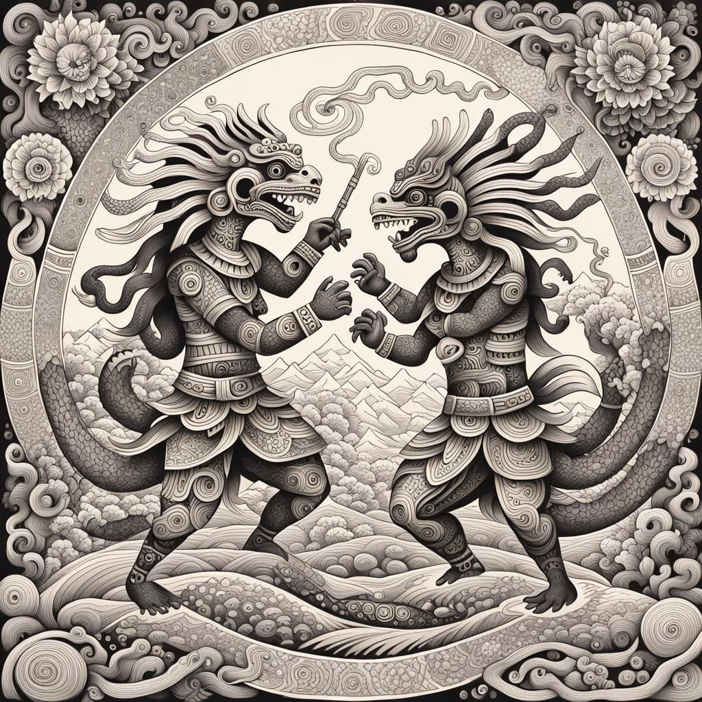 Mesoamerican Deities Clash in Aztec Textile Style