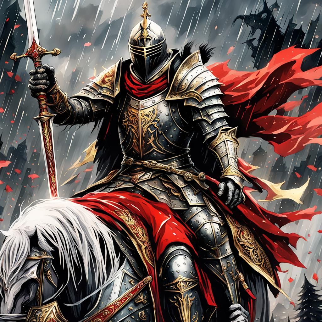 Glorious Knight Rides to Battle in Dark Fantasy Forest
