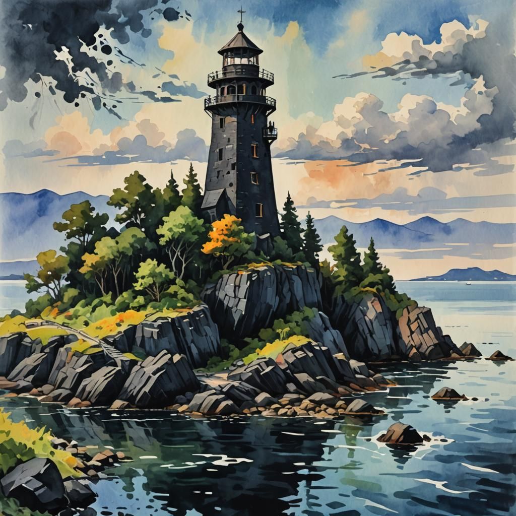 Island Tower in Gouache Watercolor Style