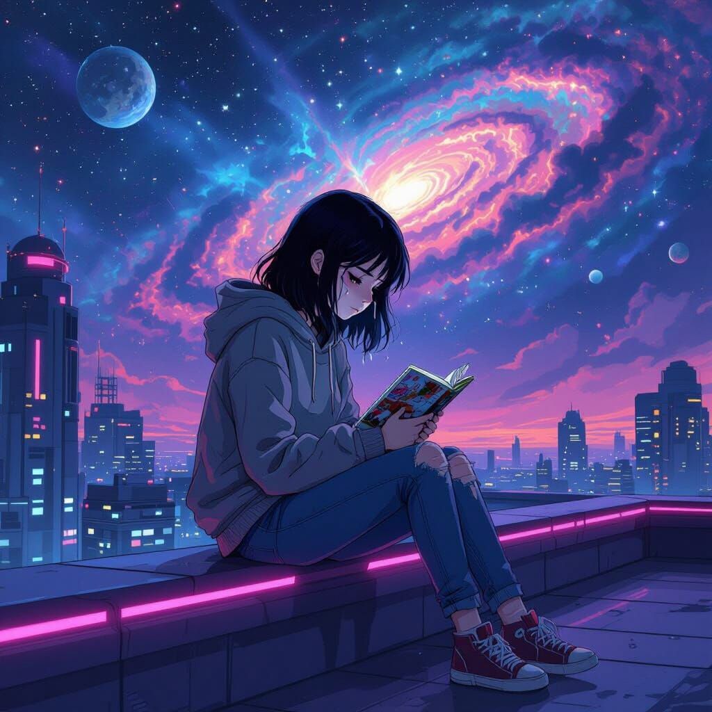 Melancholic Girl on Futuristic Roof in Cel-Shaded Style