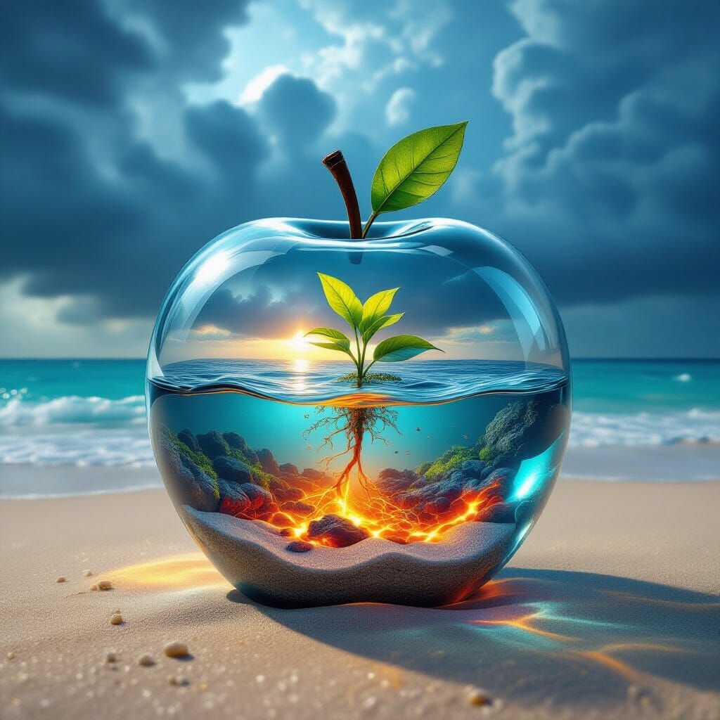 Glass Apple Ecosystem on Stormy Beach
