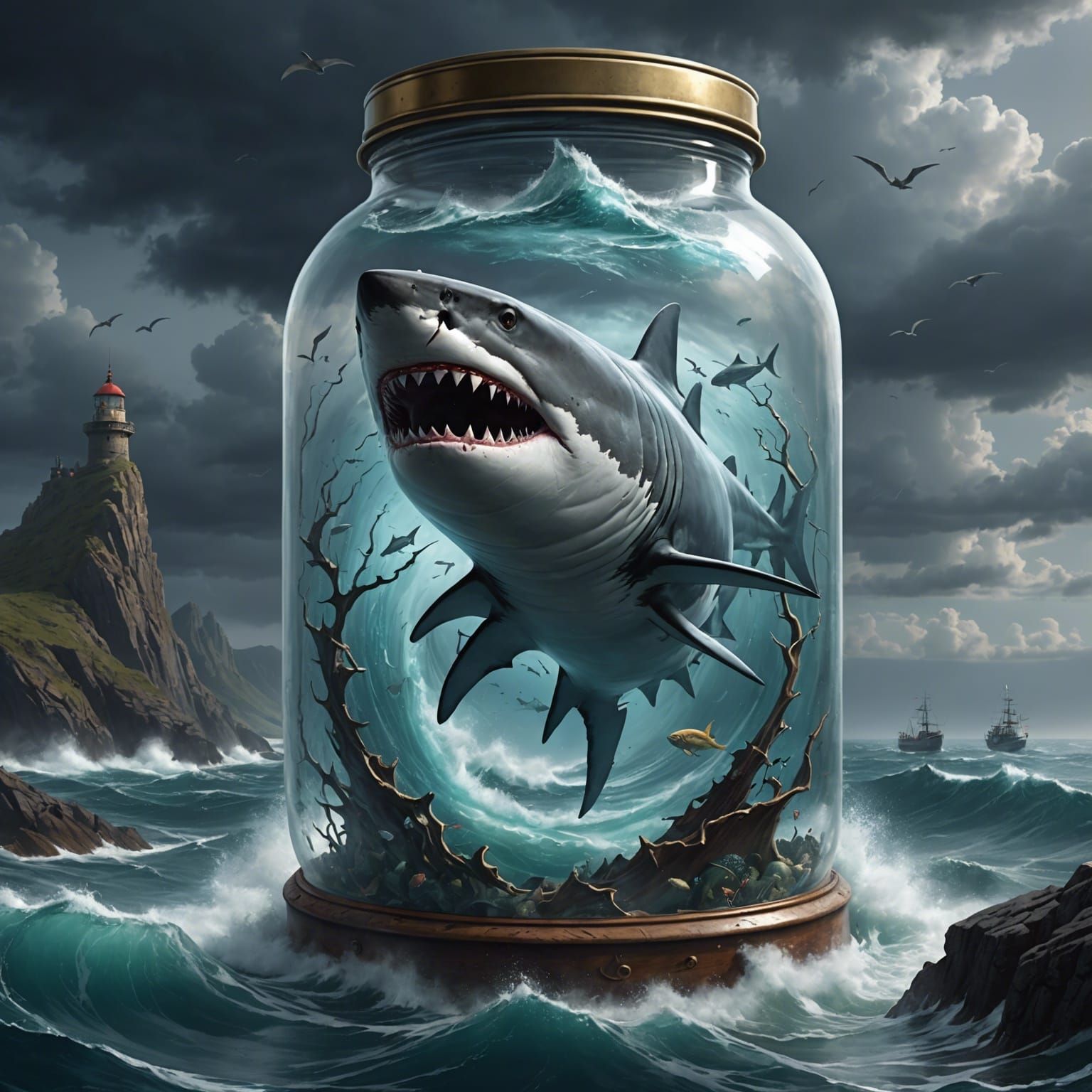 Shark in a Jar: Menacing Ocean Scene