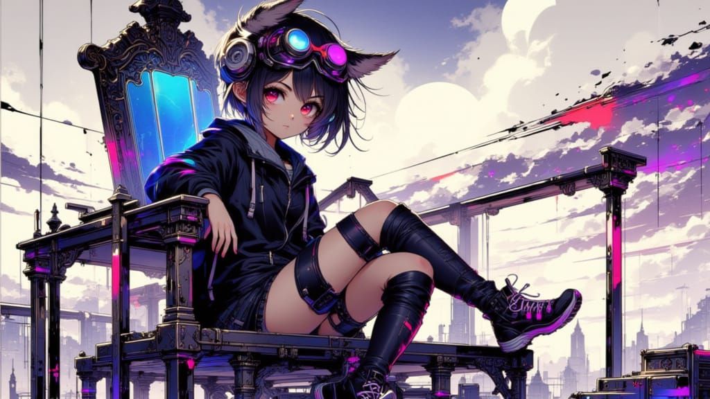 Anime Girl in Goggles and Jacket Sitting on Chair