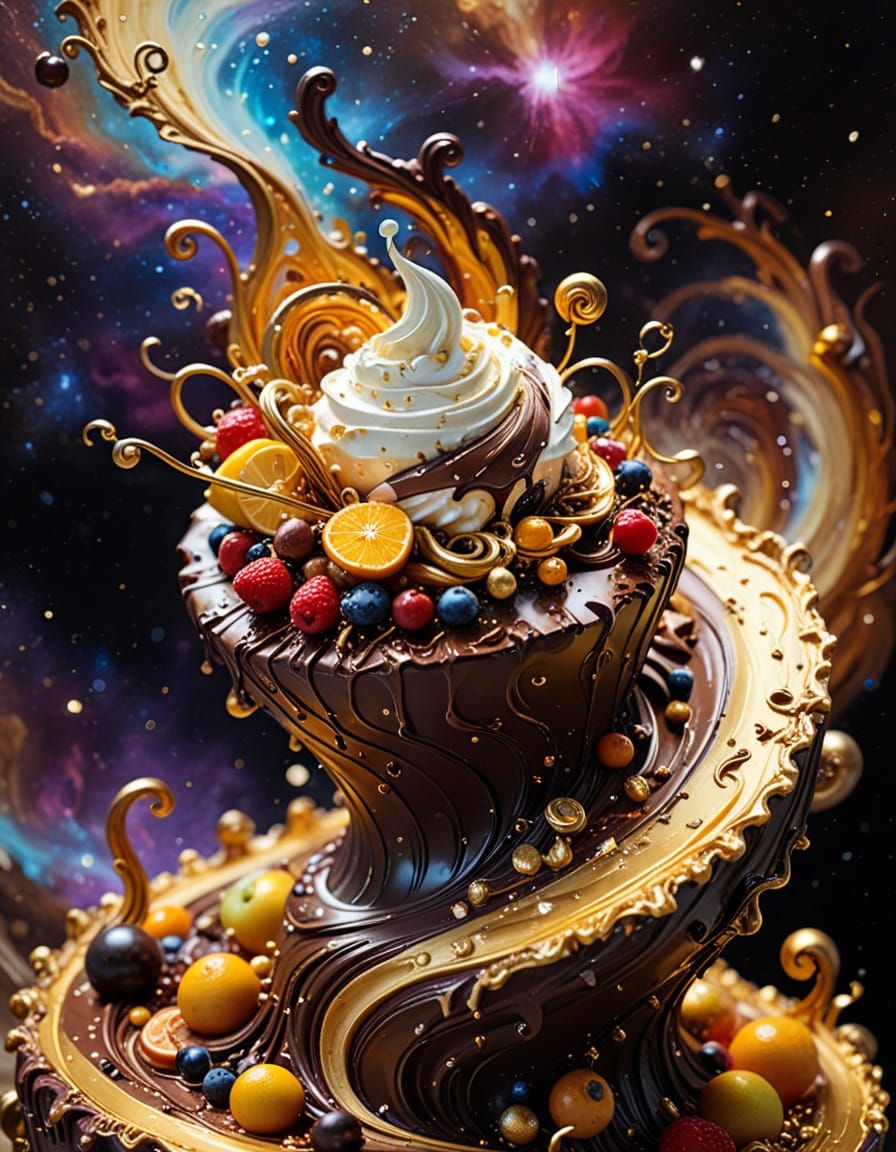 Surreal Chocolate Sculpture in Cosmic Vapor, Impasto Style
