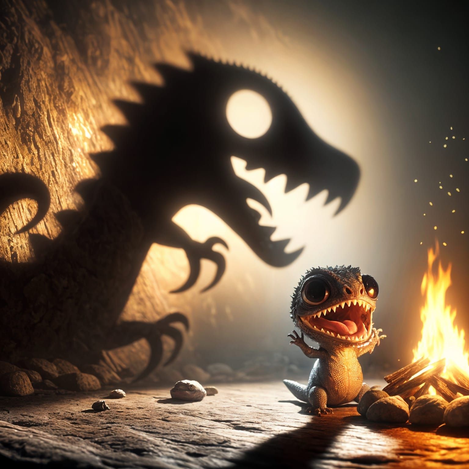 Hyperrealistic Cartoon Lizard Roars Near Bonfire