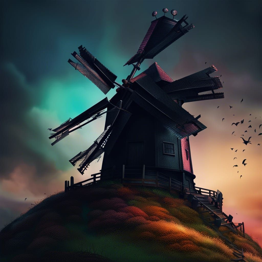 Mysterious Windmill on a Hill in Hyperrealistic Style