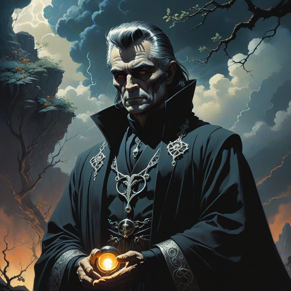 Magician in Black Robe with Dark Cloud Backdrop