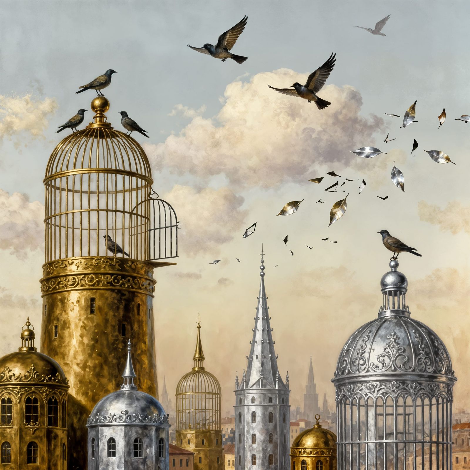 Surreal Birdcage Cityscape with Brass and Silver Architectur...