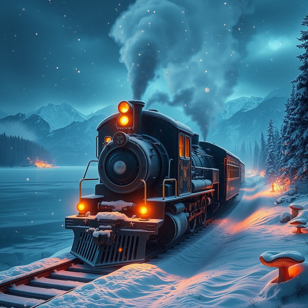 Snowy Train at Frozen Lake in Fantasy Style
