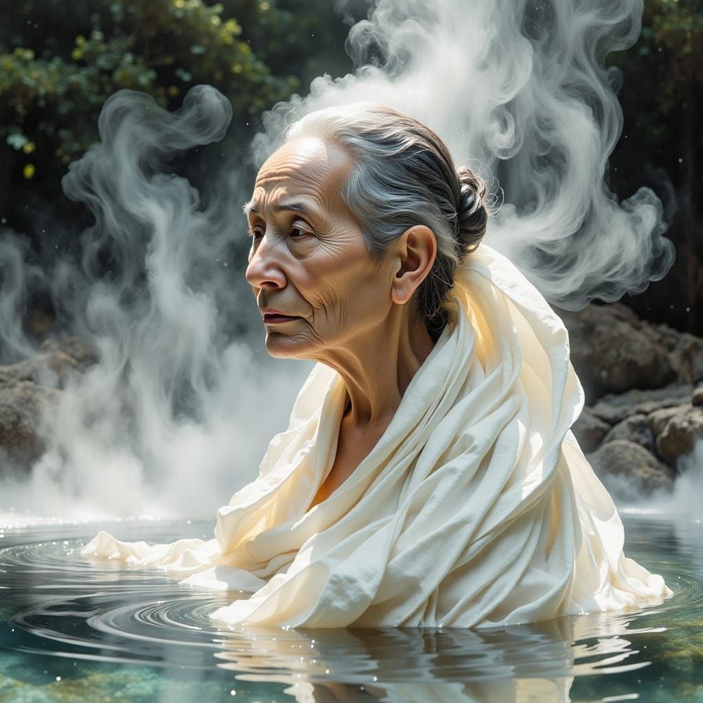Elderly Woman Relaxing in Hot Spring, Watercolor Painting