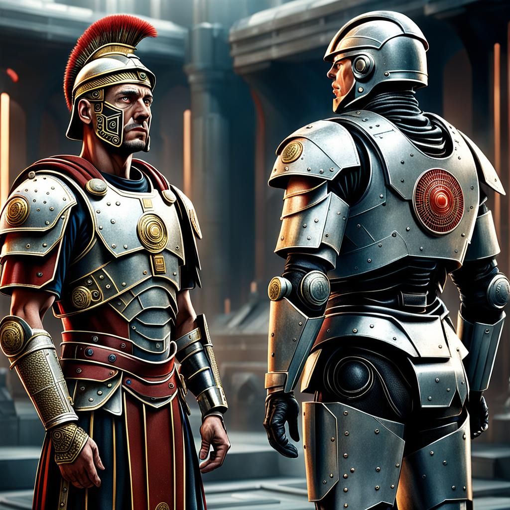 a roman legionaire standing and facing a 22nd century cyber ...