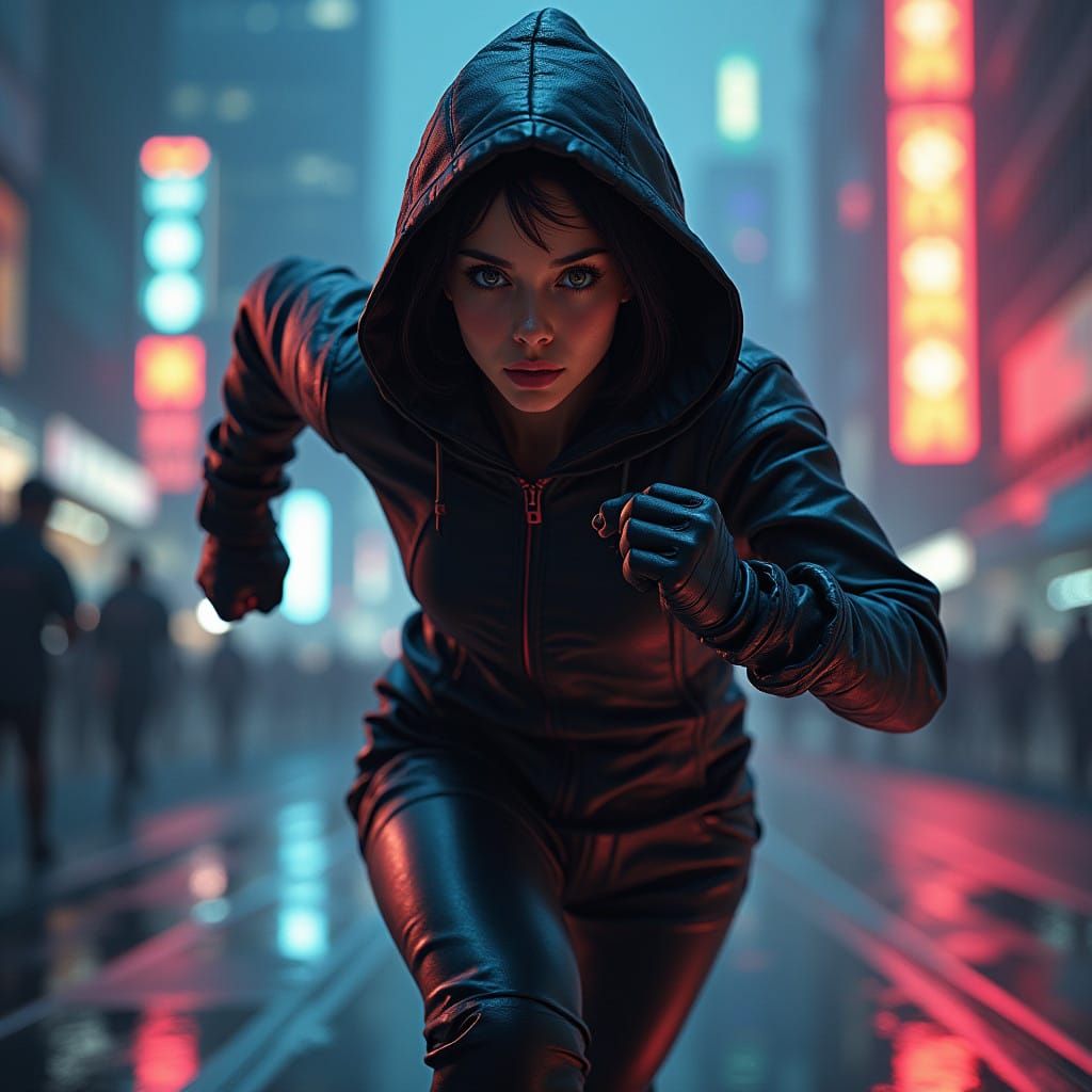 Gritty Cyberpunk Heroine in Neon-Lit Dystopia
