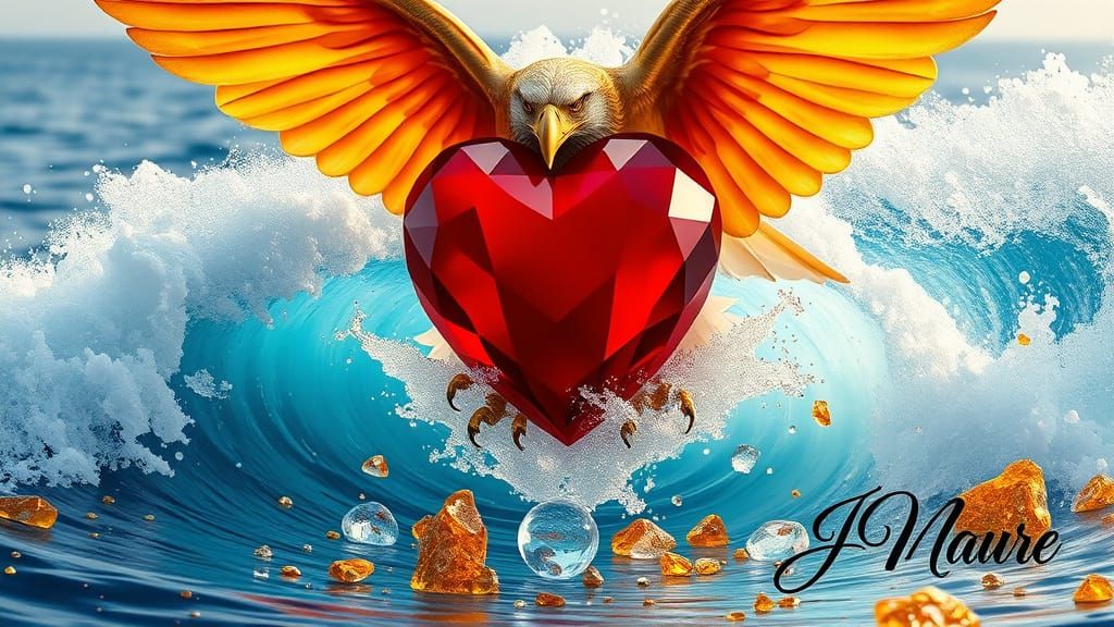 Golden Eagle Emerges from Crystal Clear Waves with Red Glass...