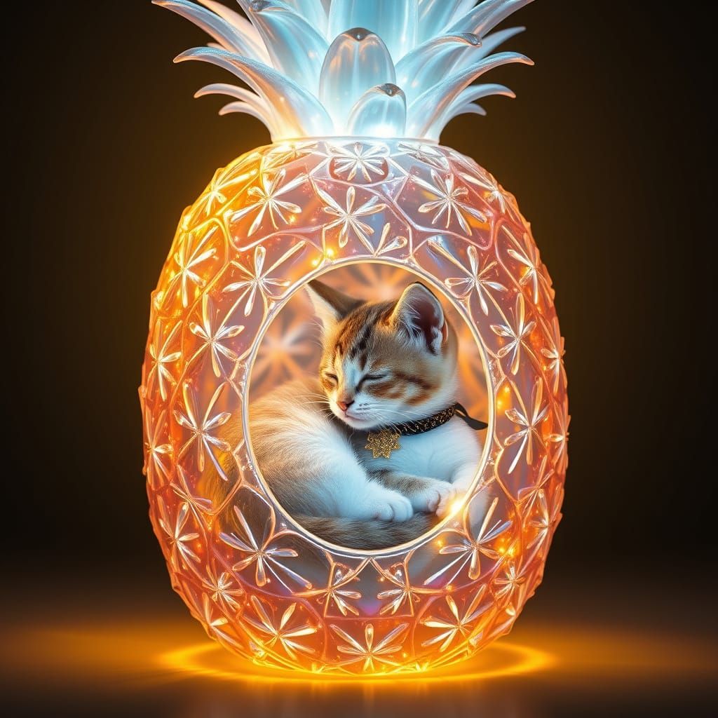 Glowing Holo Pineapple Cradles Slumbering Feline
