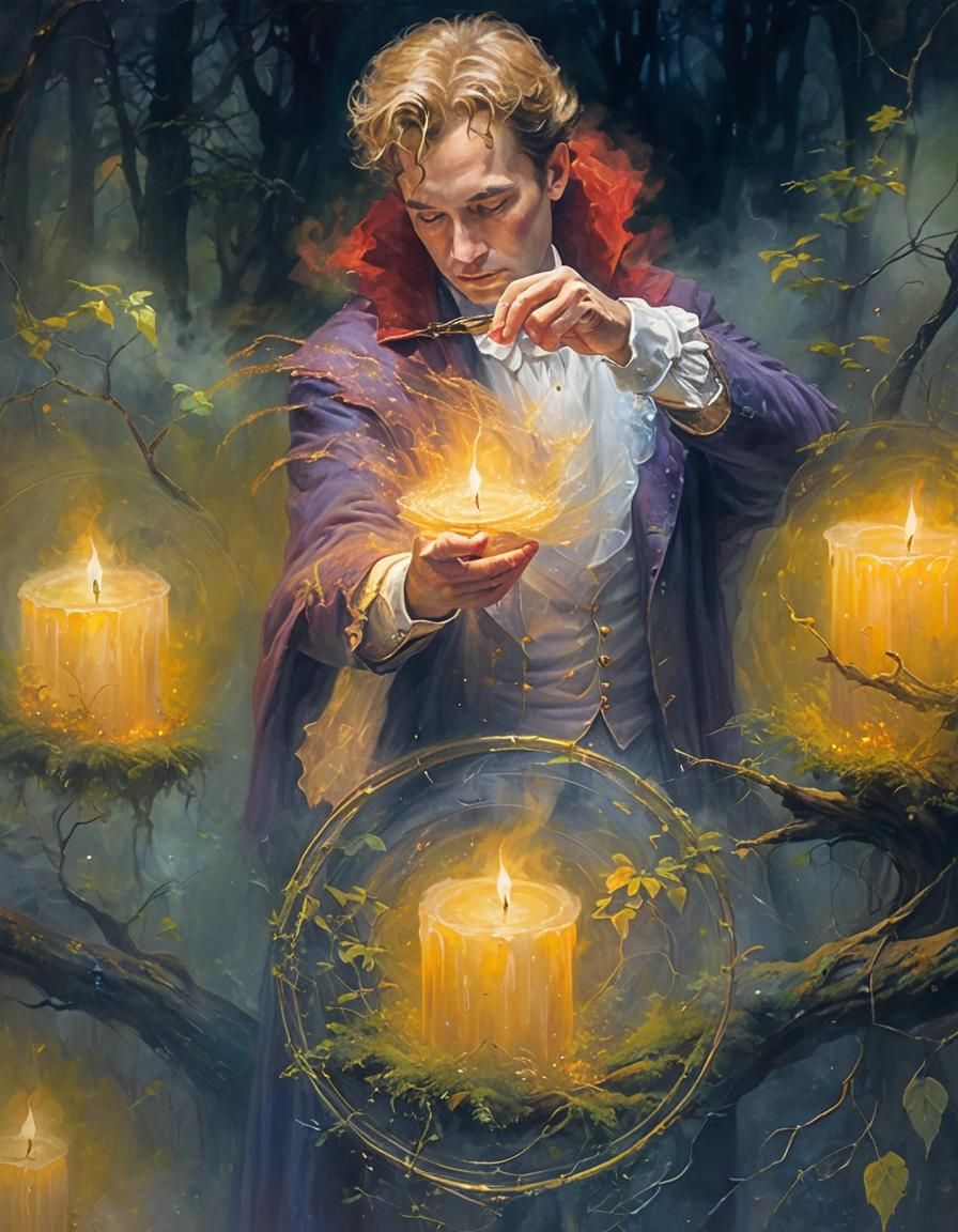 Magician Performing Magic in Misty Forest Oil Painting