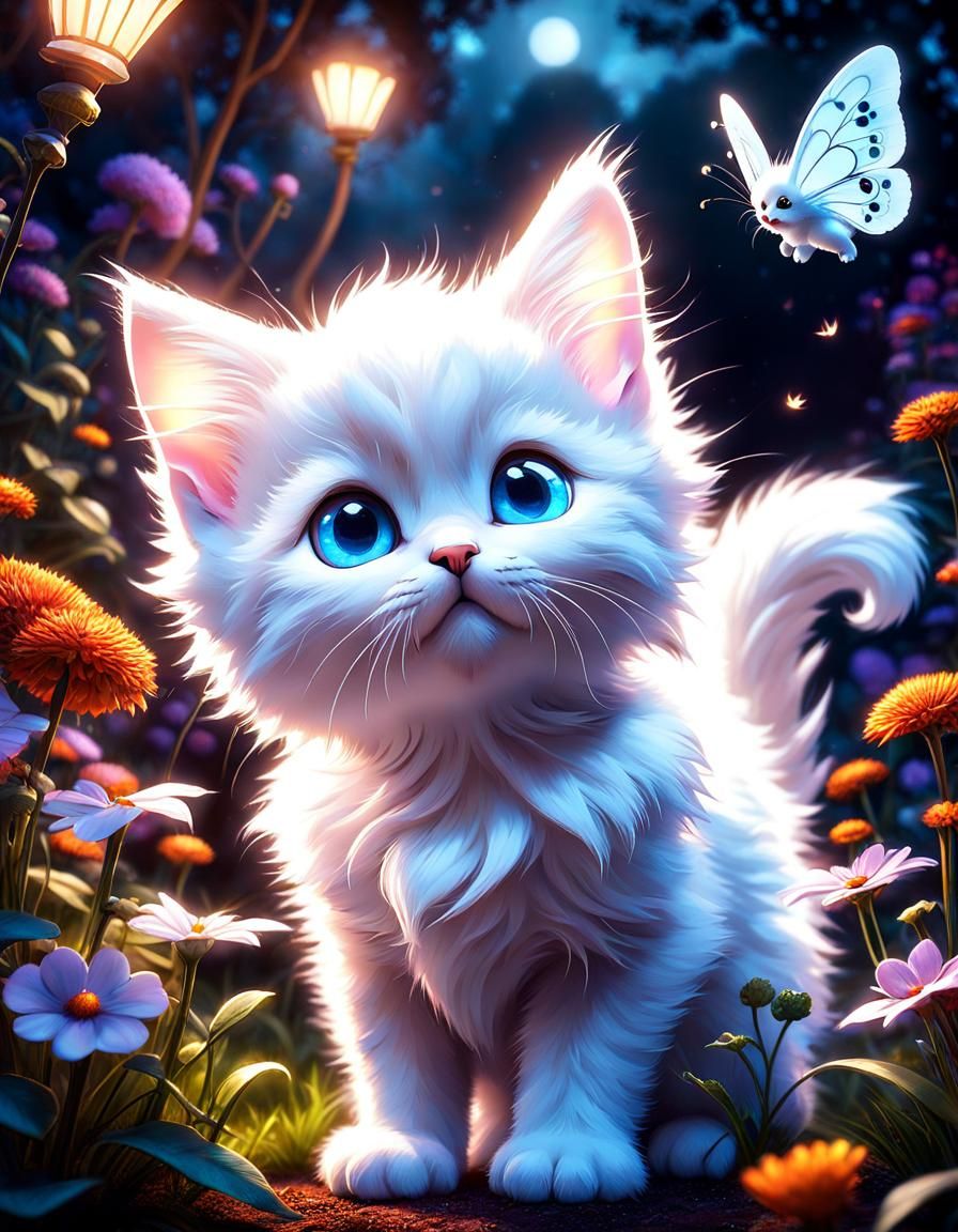 Eerie Kitten and Moth Encounter in Pointillism Style
