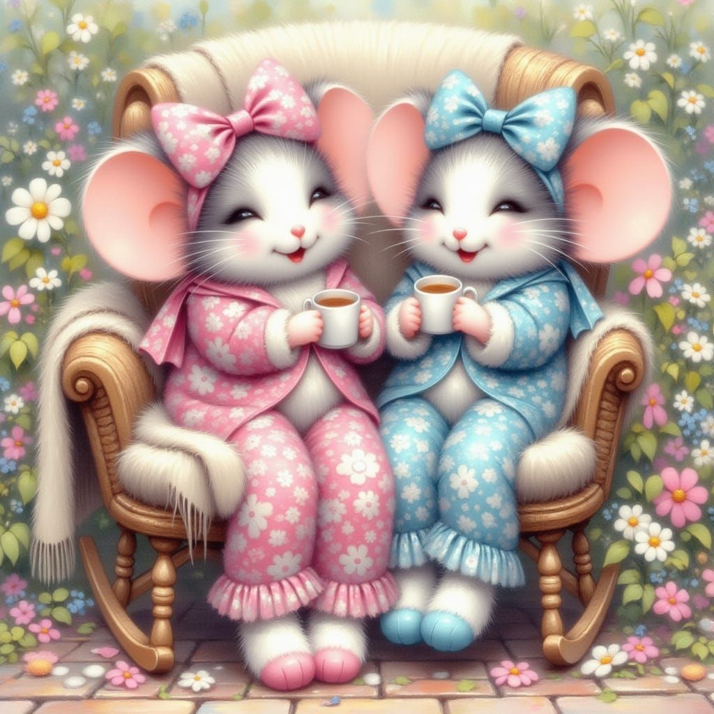 Two Adorable Mice in Pajamas Enjoying Morning Coffee