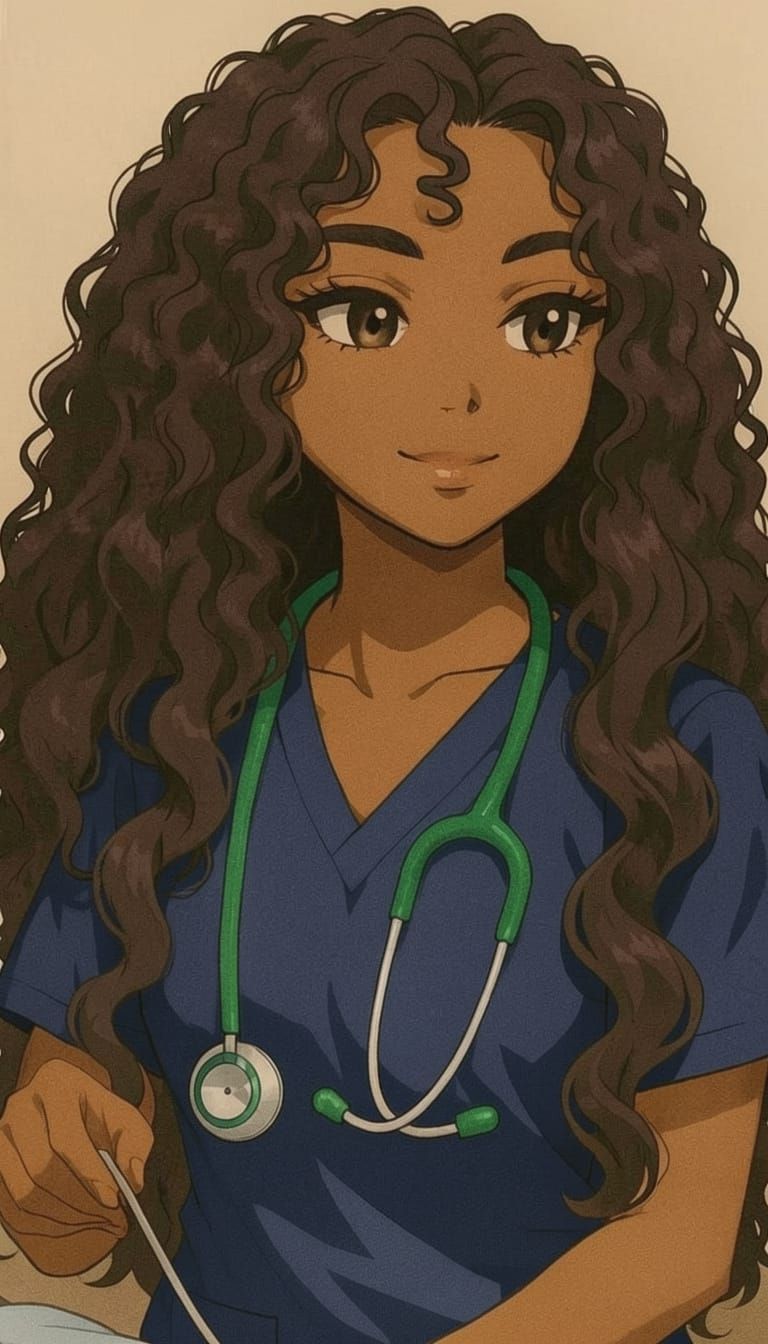 Soft-Eyed Woman in Dark Blue Scrubs with Curly Hair