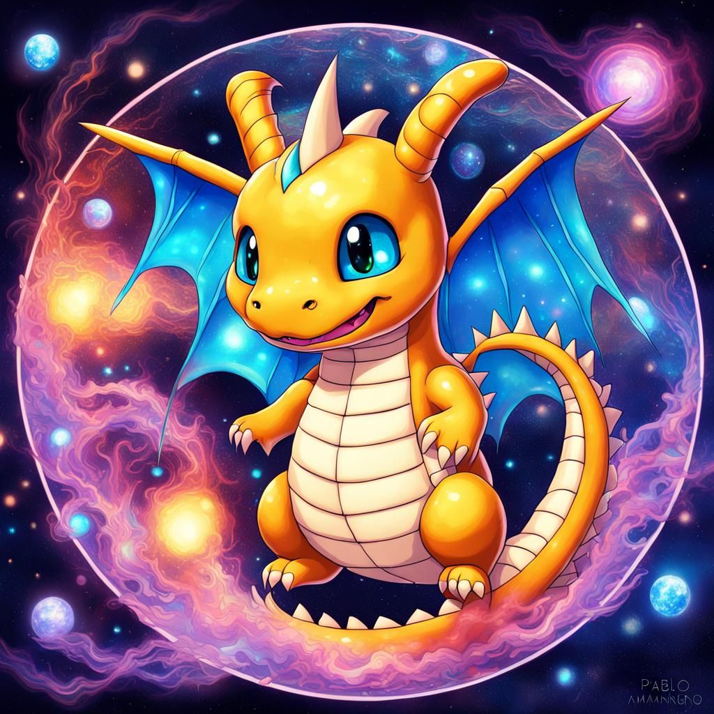 Cute Dragonite Kitten in Astral Cosmic Illustration