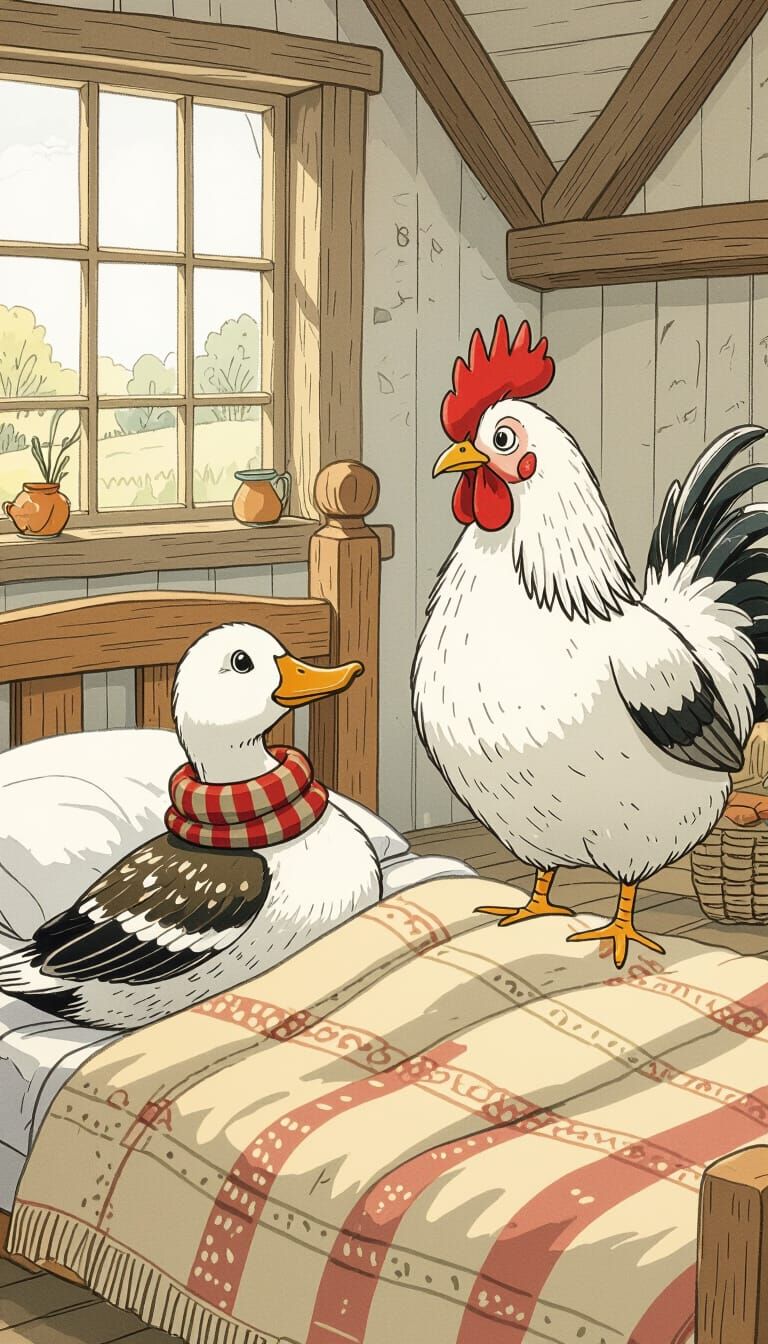 Worried Chicken and Duck in Storybook Scene