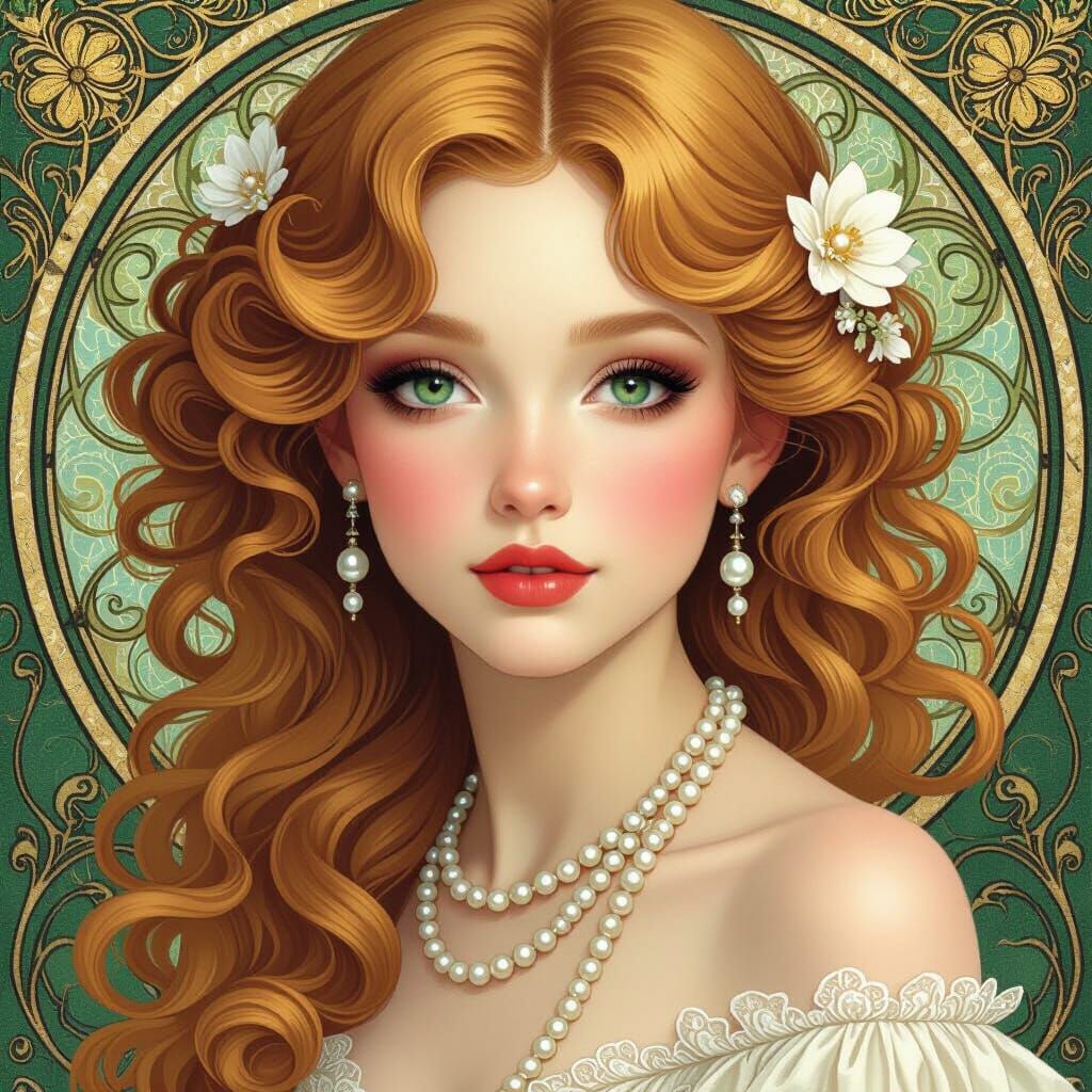 Art Nouveau Portrait of Woman with Pearls