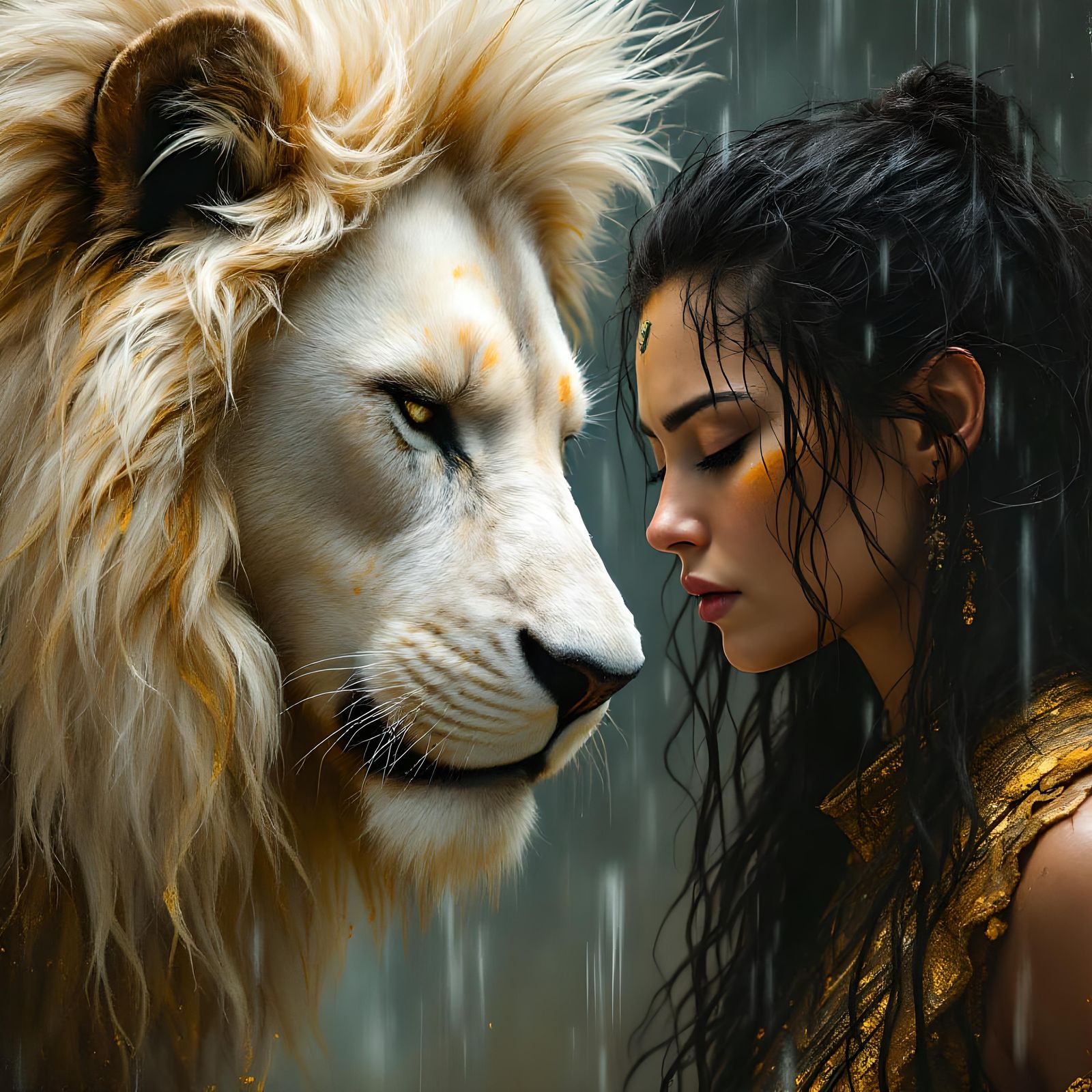 Fierce Warrior and Lion in Dramatic Matte Painting