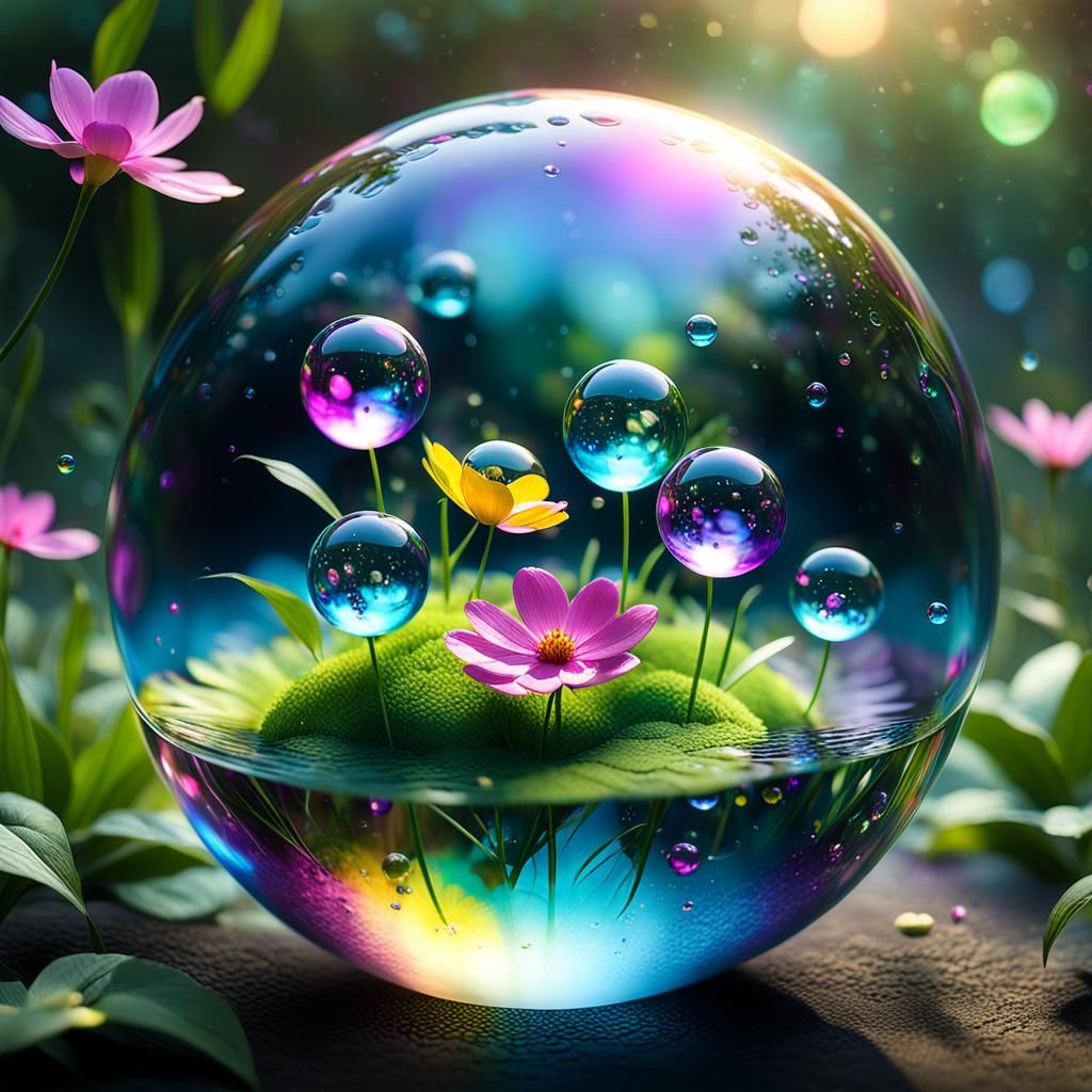 Colorful Orbs Floating Through Paradise: Hyperrealistic Macr...