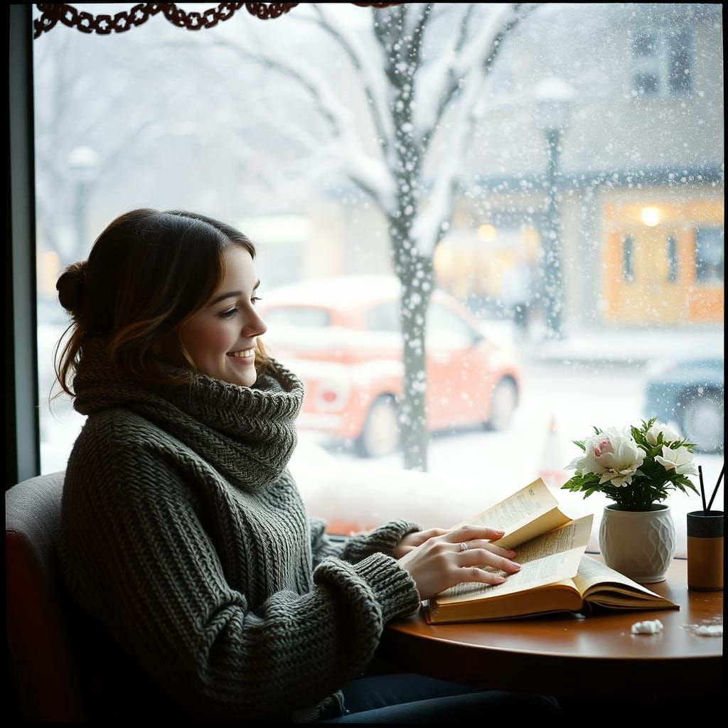 Girl Reads Book Happily in Snowy Cafe Scene