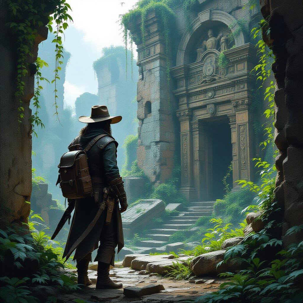 Adventurer Exploring Ancient Ruins in Atmospheric Style
