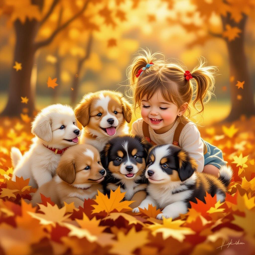 Puppies and Girl Play in Autumn Leaves