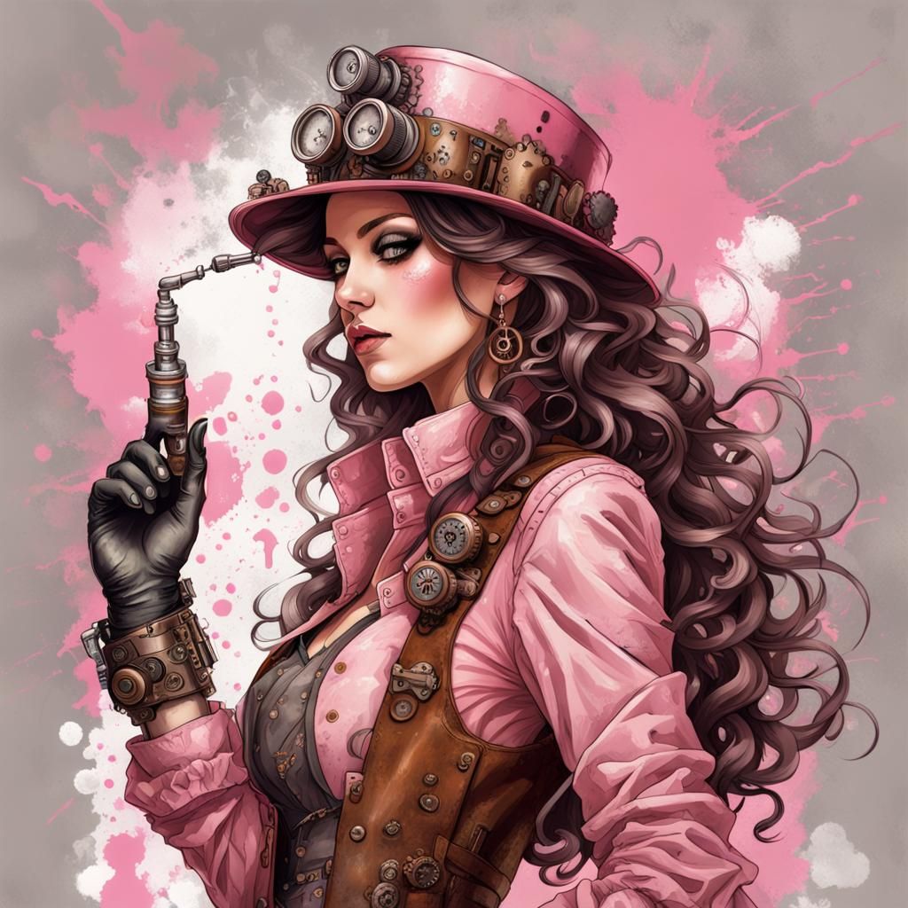 Steampunk Girl in Pink with Mechanical Gears