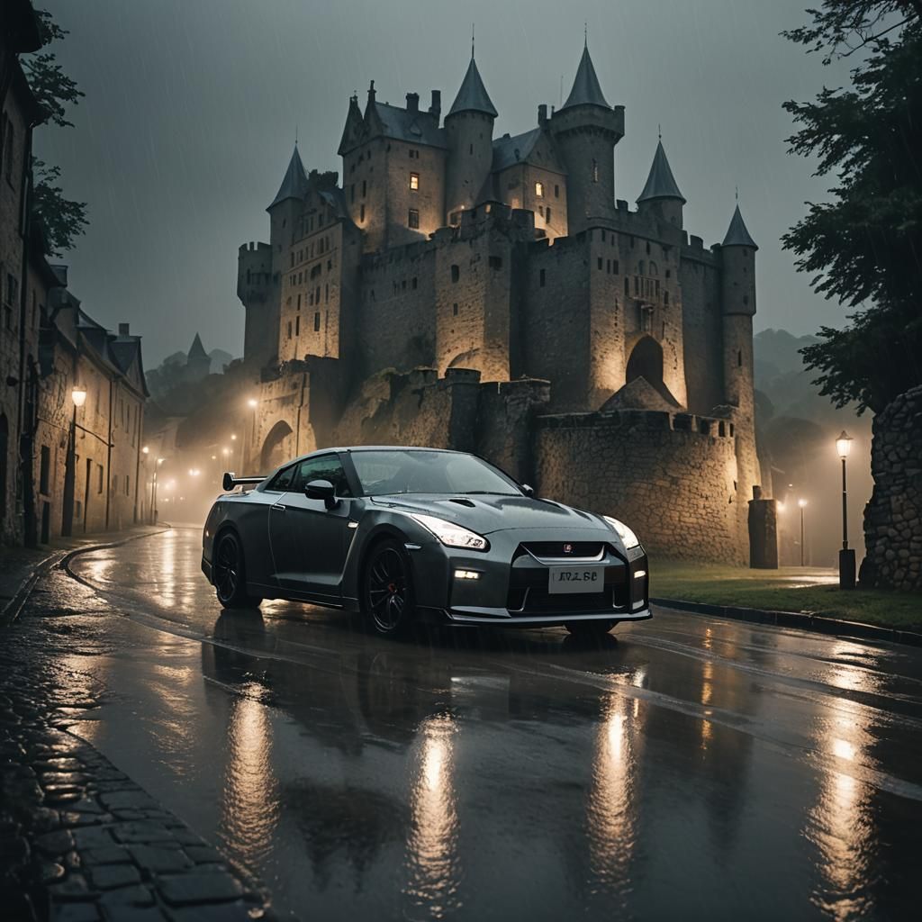 Nissan GT-R Skyline at Castle in Rainy Cinematic Scene