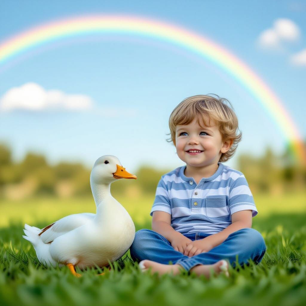 Boy and Duck with Rainbow in Natural Light