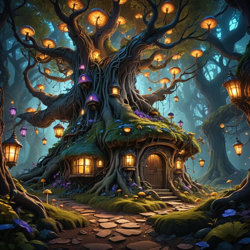 Mystical Forest Home with Glowing Mushrooms