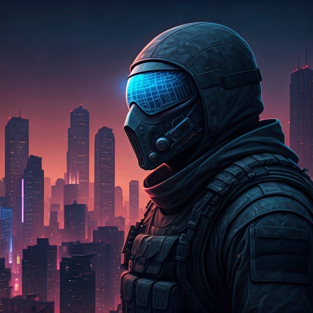 Gritty Cyberpunk Sniper Surveys Dystopian Metropolis