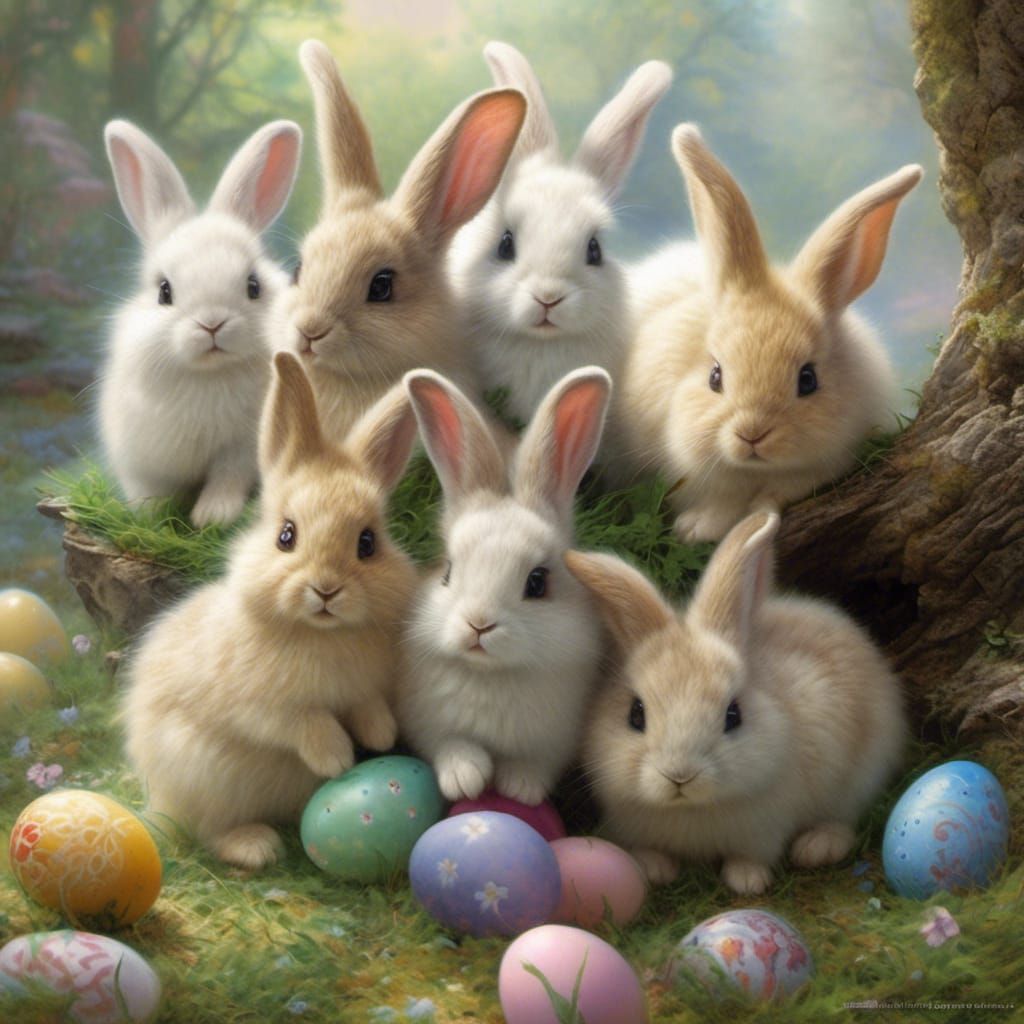 <lora:Cutest Animals Ever:1.0> Cute Animals Adorable, group of baby rabbits at an Easter Egg hunt in the park.