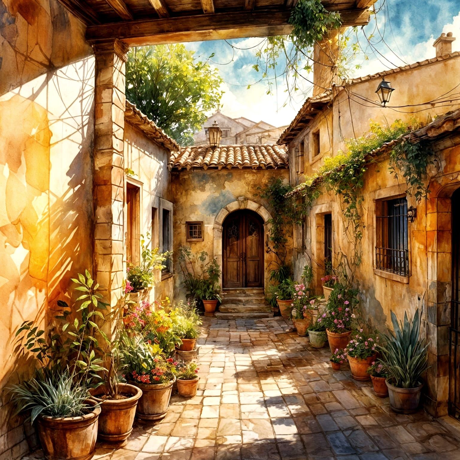 Vibrant Spanish Courtyard Scene in Muted Watercolour