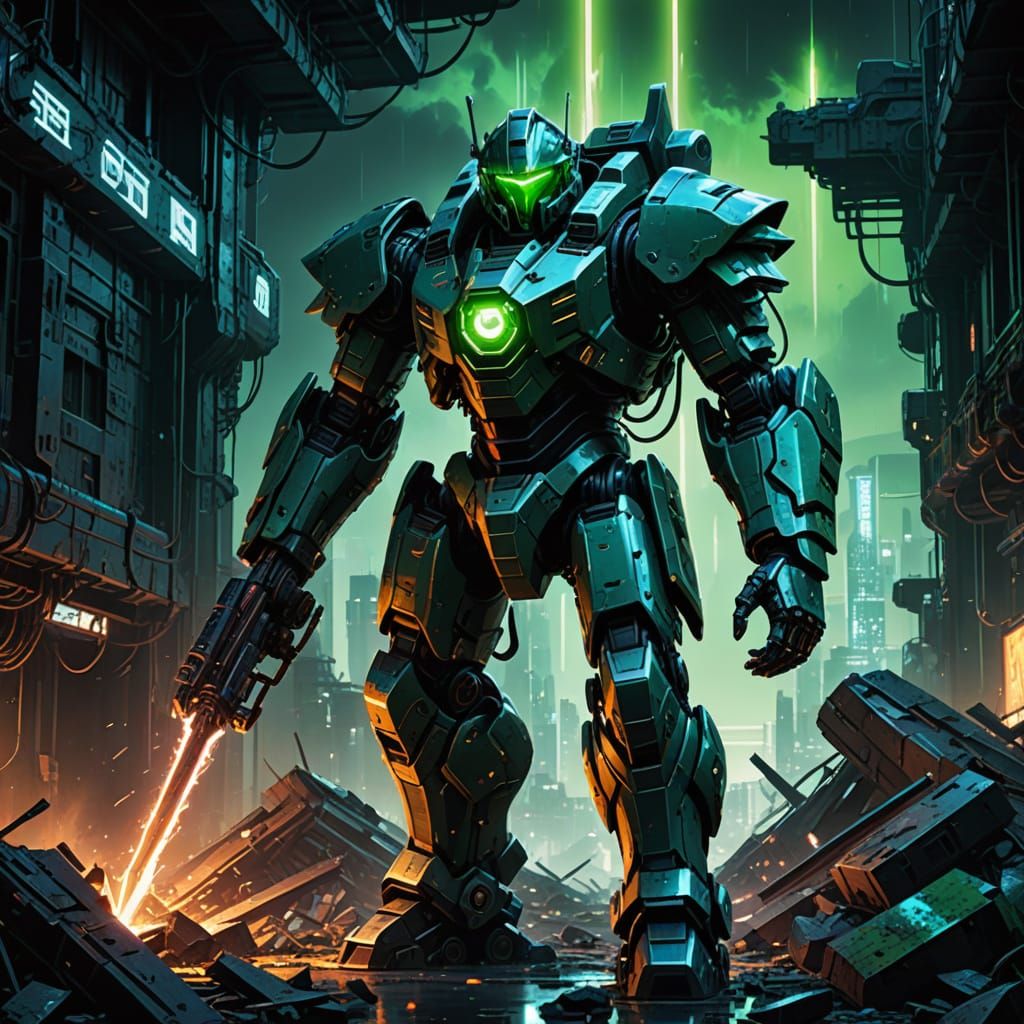 Cyberpunk Mech Knight in Ruined Cityscape