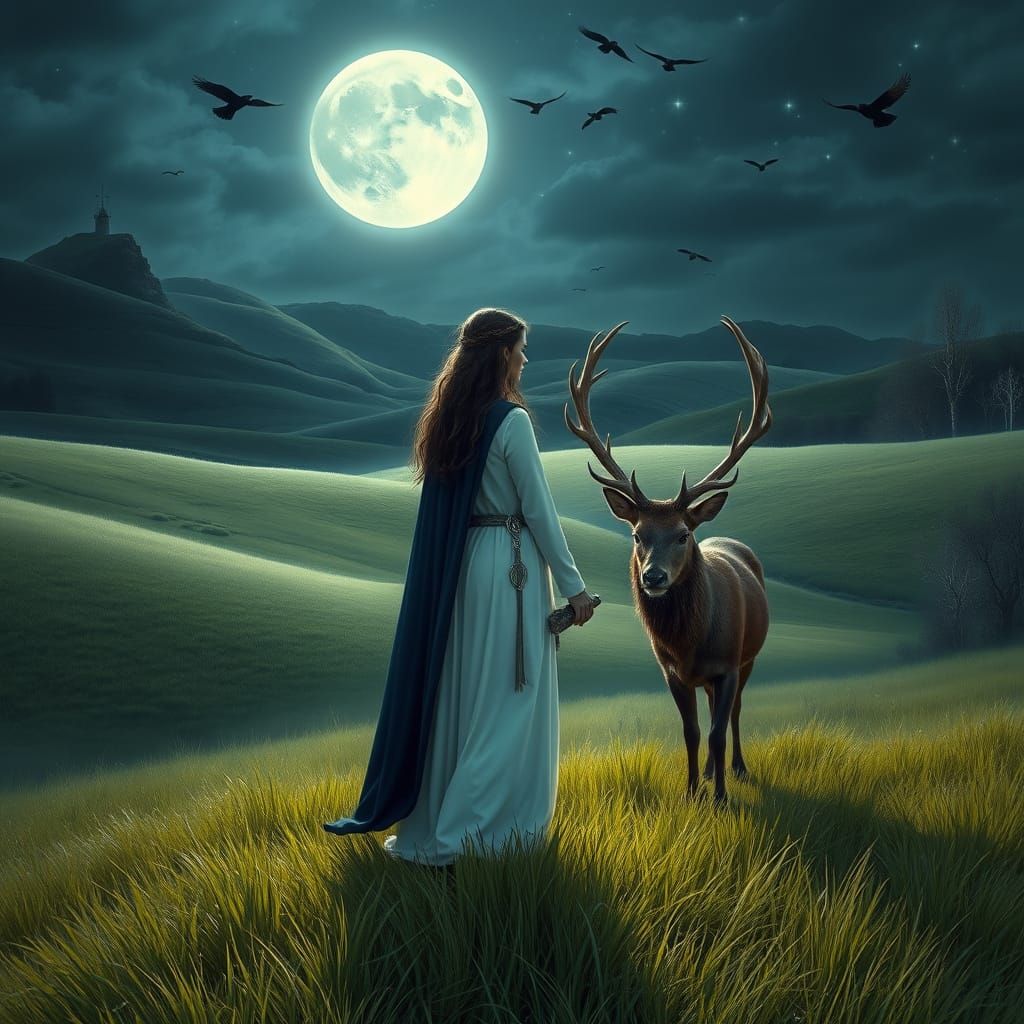 Celtic Priestess and Stag in Moonlit Meadow