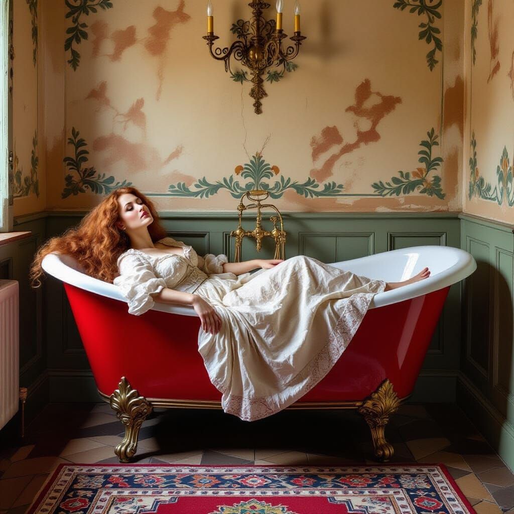 Red-Haired Woman in Antique Bathtub