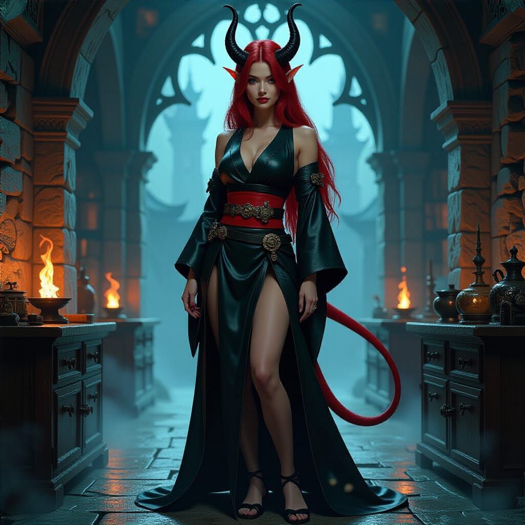 Tiefling Alchemist in Laboratory, Fantasy Illustration