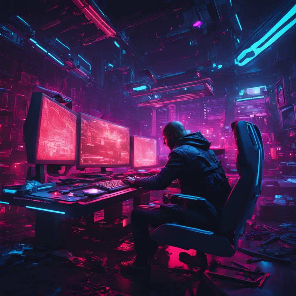 Dark Fantasy Computer Den in Neon Noir Style