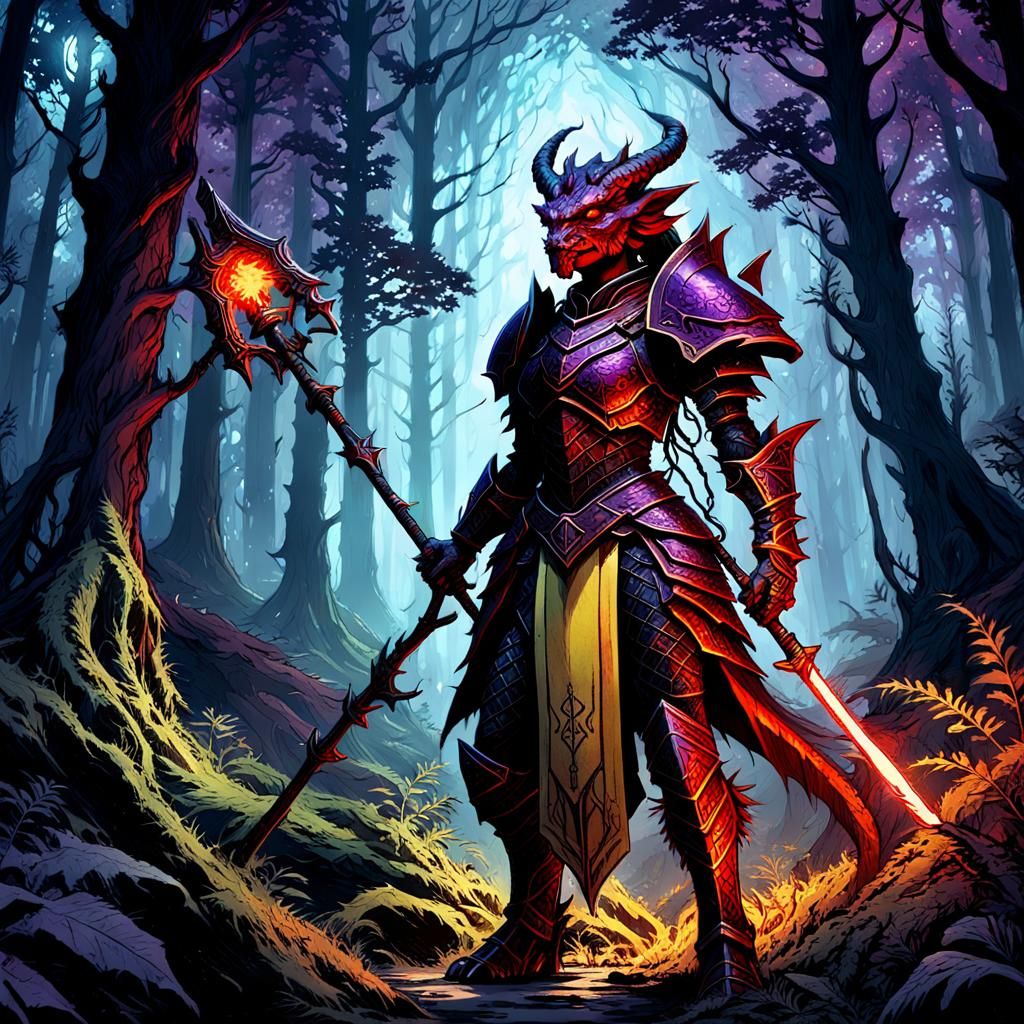 Mystical Dragonborn in Ancient Forest Concept Art